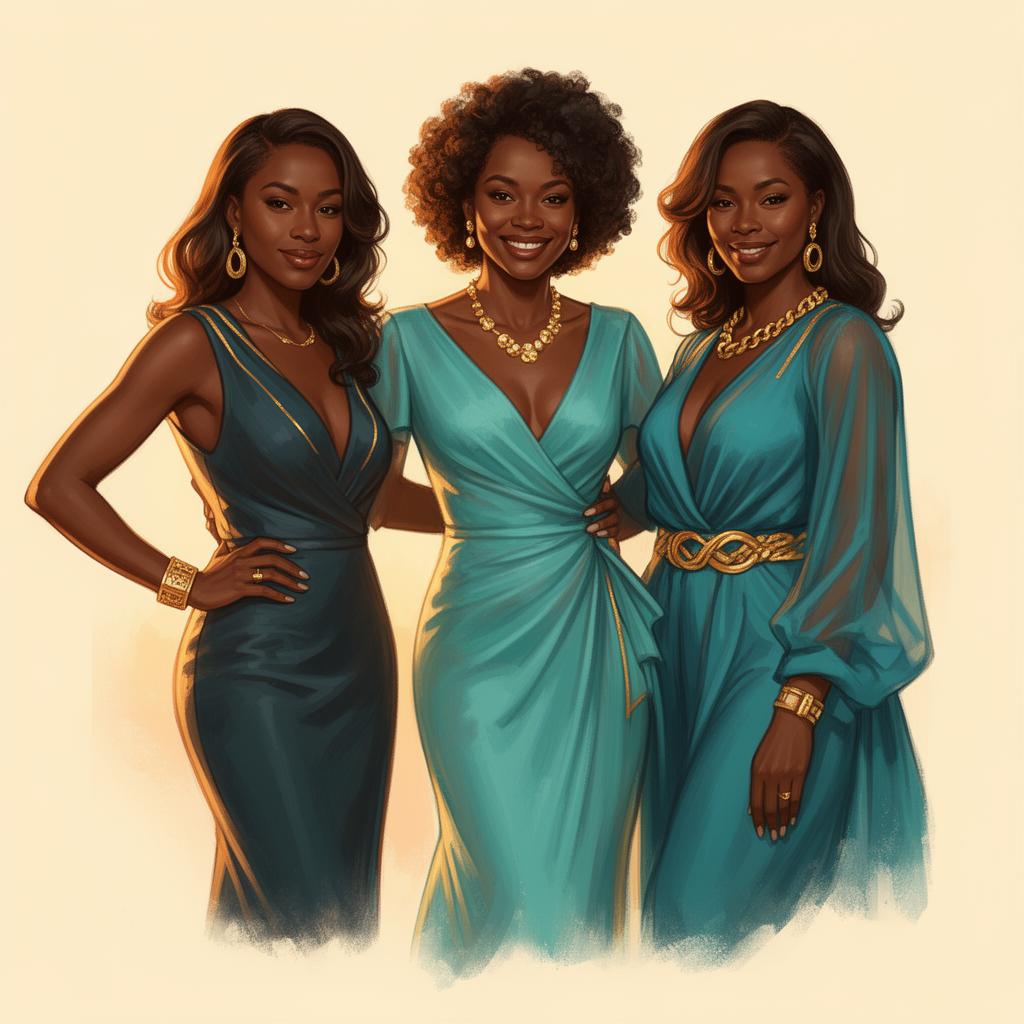 Three stylish African American women in mahogany and turquoise, illustrated in editorial style